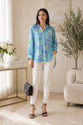 Blue Ikat Print Satin Shirt
