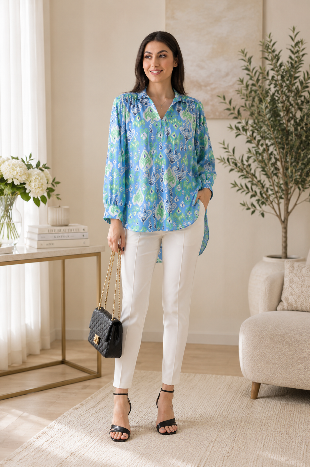 Blue Ikat Print Satin Shirt