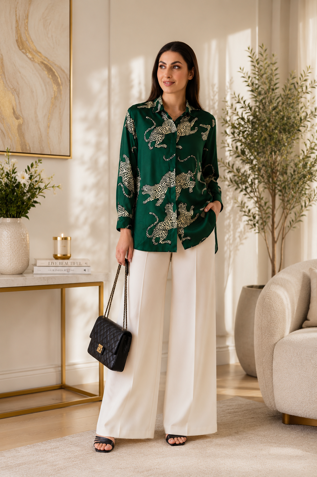 Emerald Leopard Print Satin Shirt