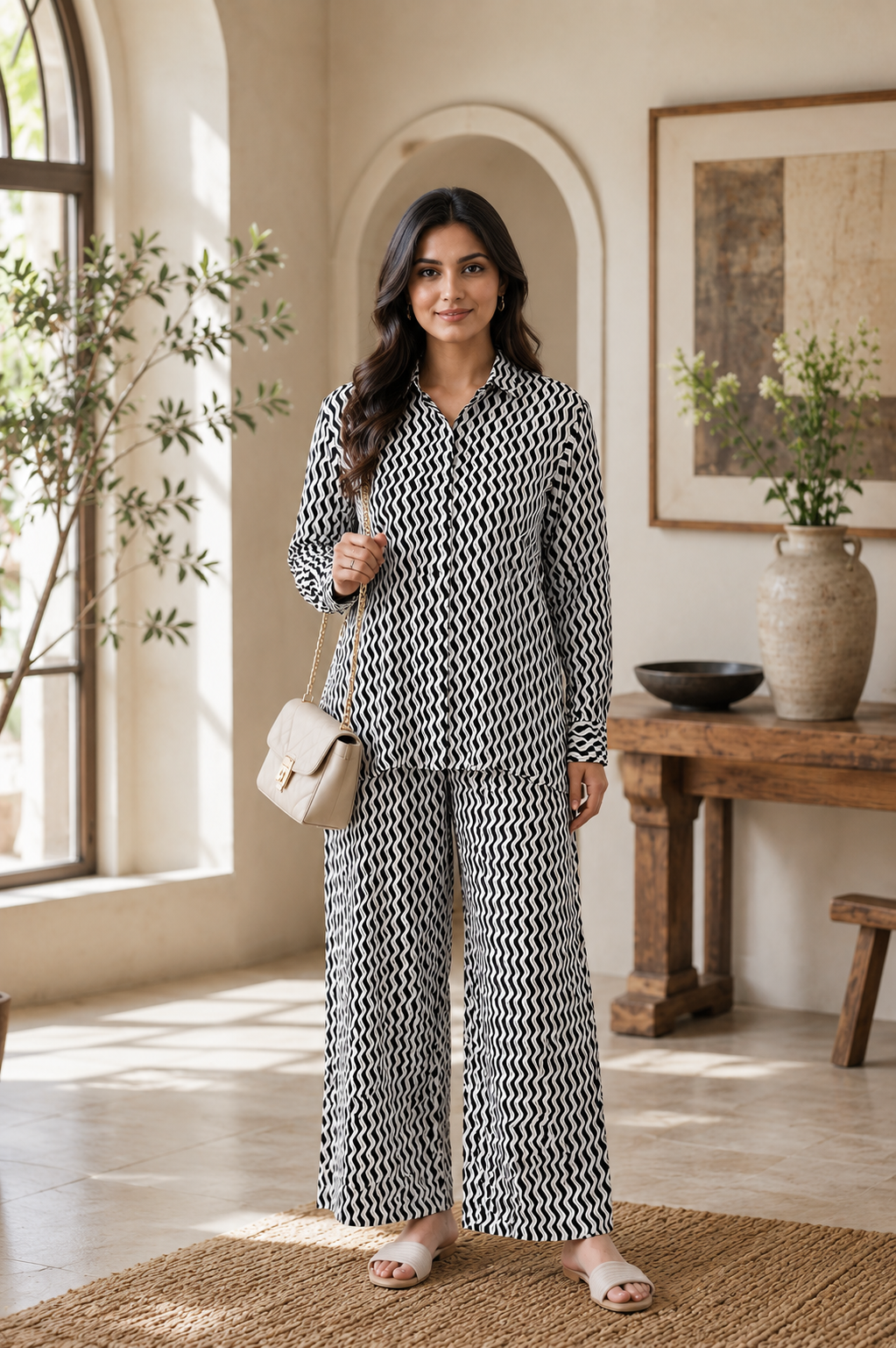 Monochrome Waves Georgette Co-ord Set