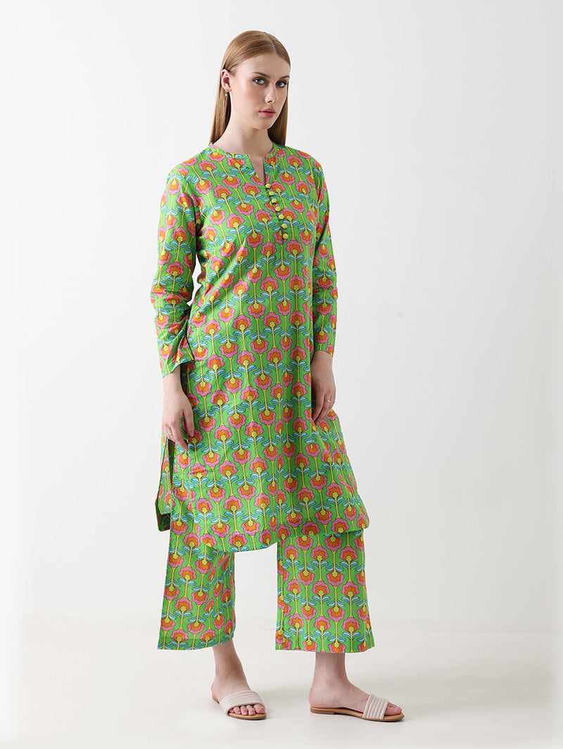 Tropical Bloom Cotton Kurta Pant Set