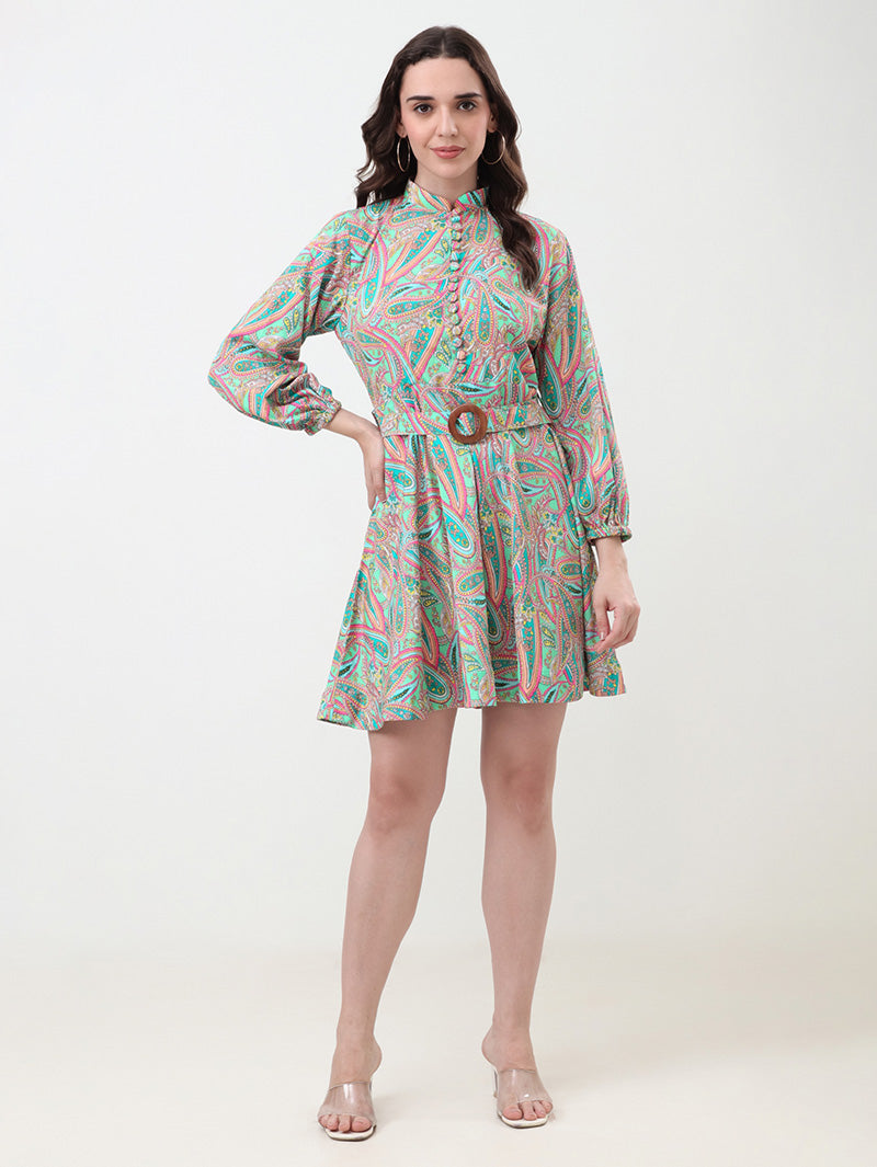 Paisley-Mini-Belted-Dress