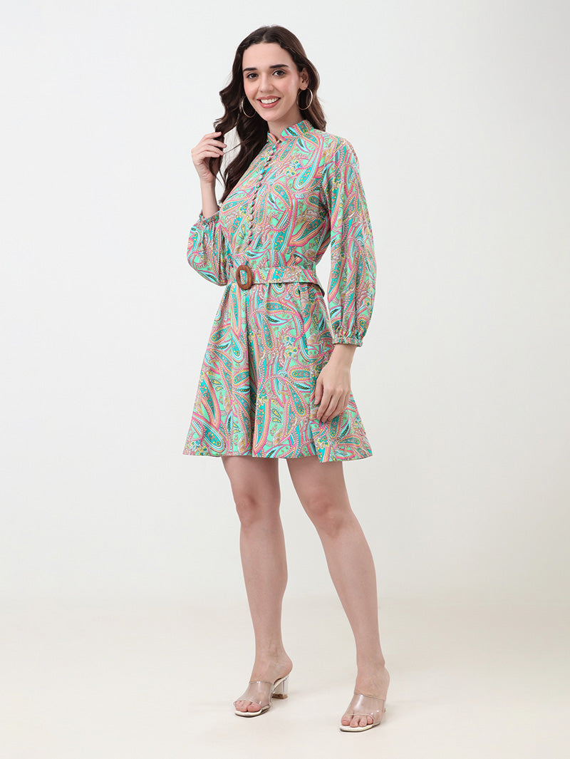 Paisley-Mini-Belted-Dress