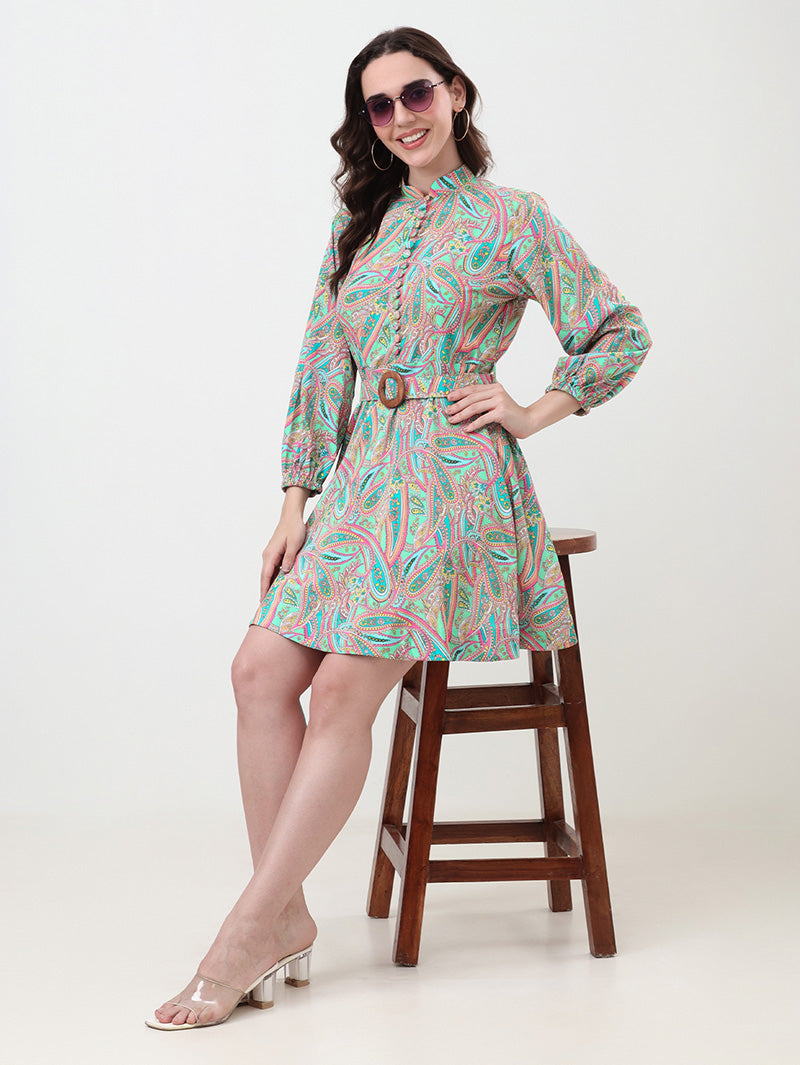 Paisley-Mini-Belted-Dress