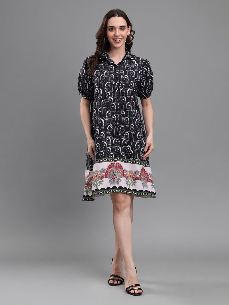 Black-Faces-Border-Print-Dress