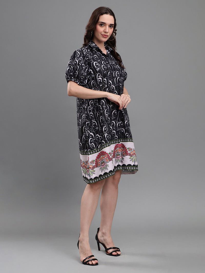 Black-Faces-Border-Print-Dress