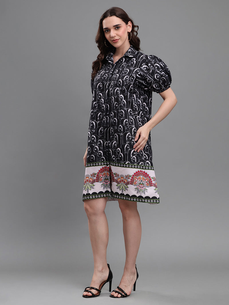 Black-Faces-Border-Print-Dress