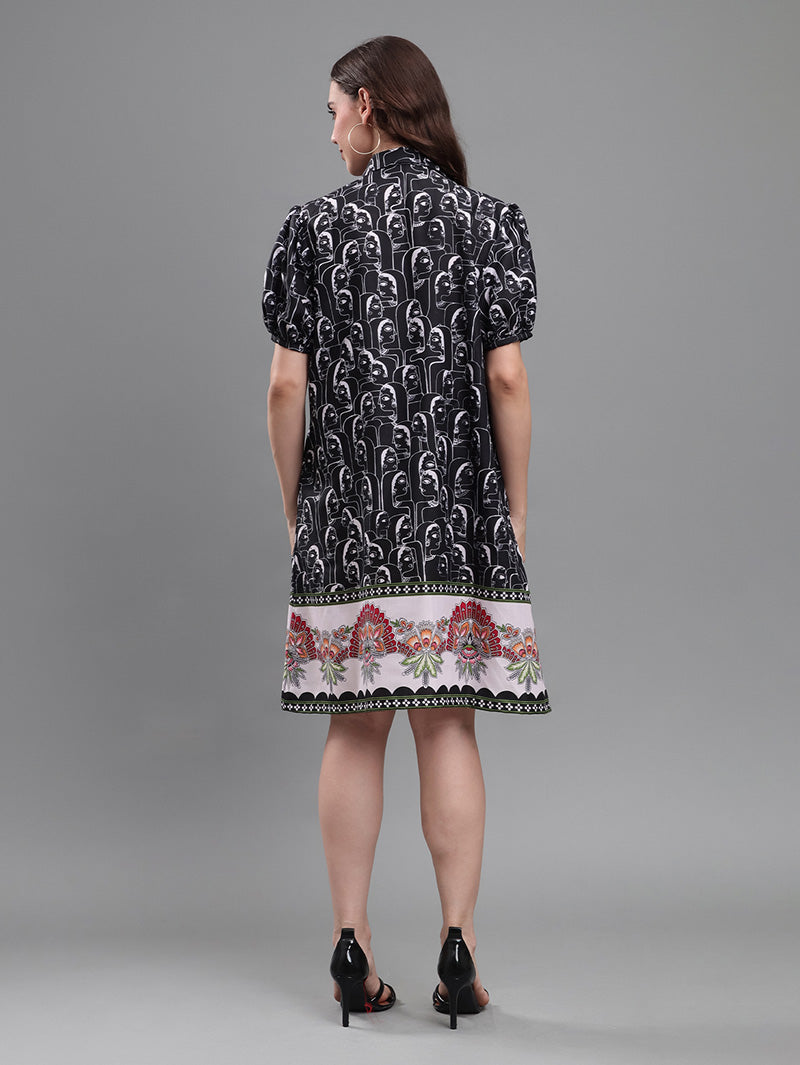Black-Faces-Border-Print-Dress