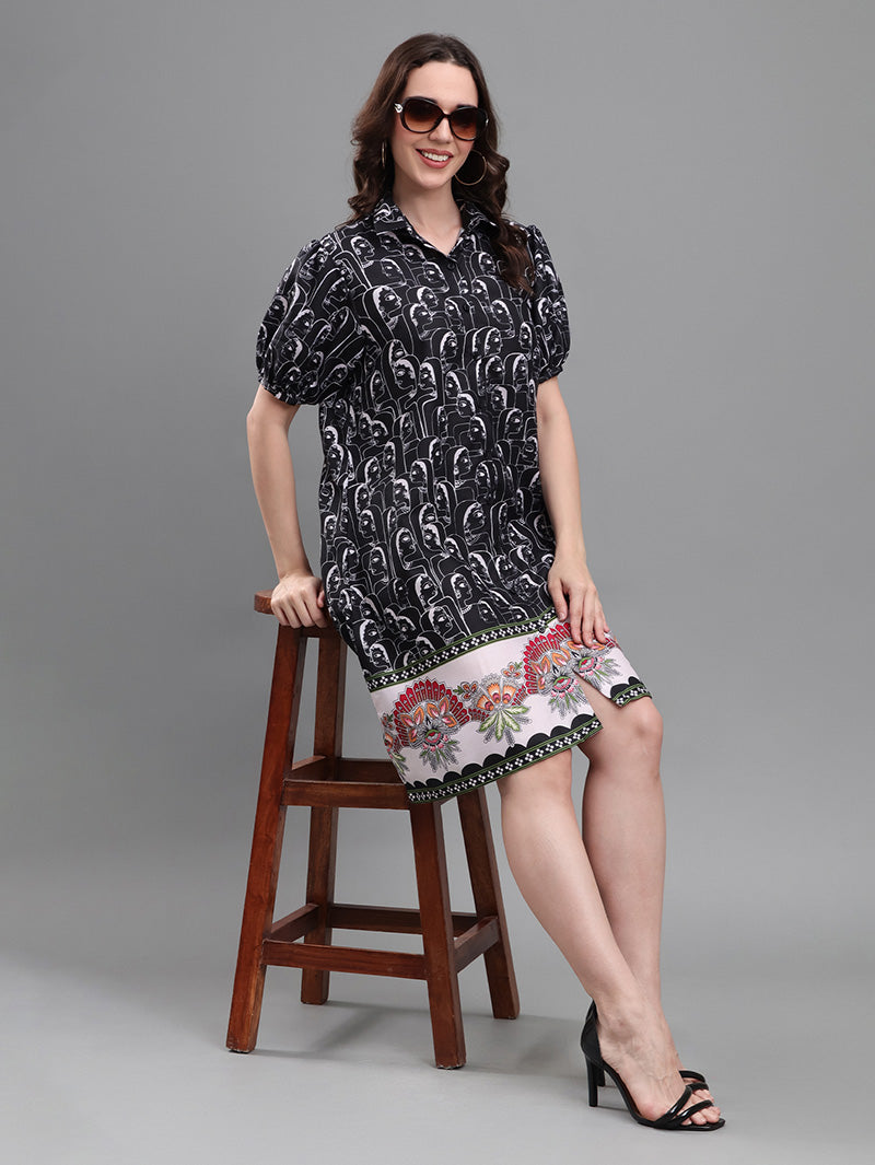 Black-Faces-Border-Print-Dress