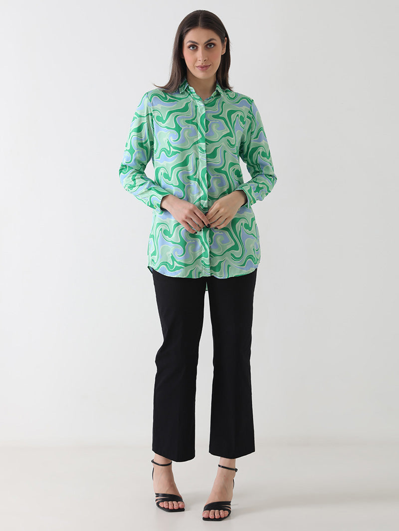 Aqua Swirl Print Crepe Shirt