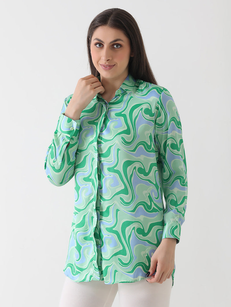 Aqua Swirl Print Crepe Shirt