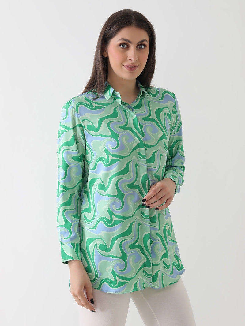 Aqua Swirl Print Crepe Shirt