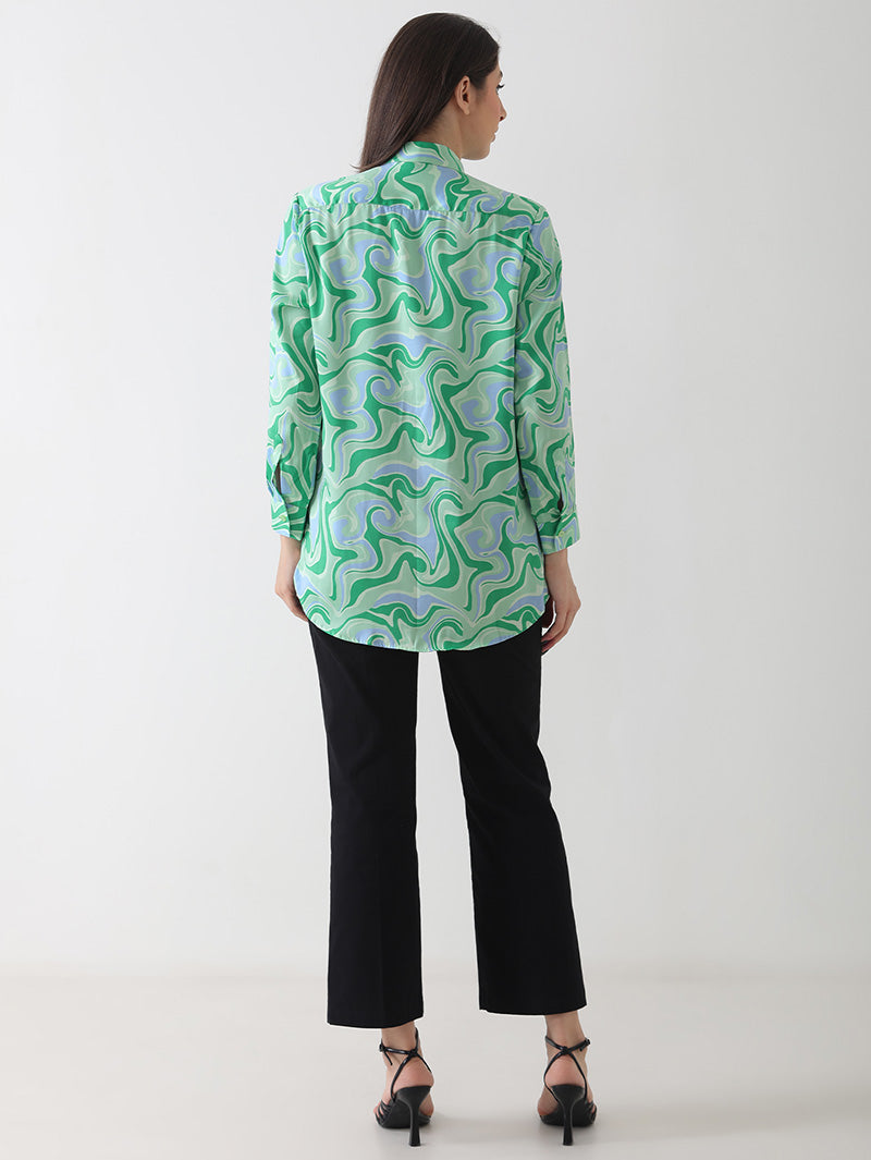 Aqua Swirl Print Crepe Shirt