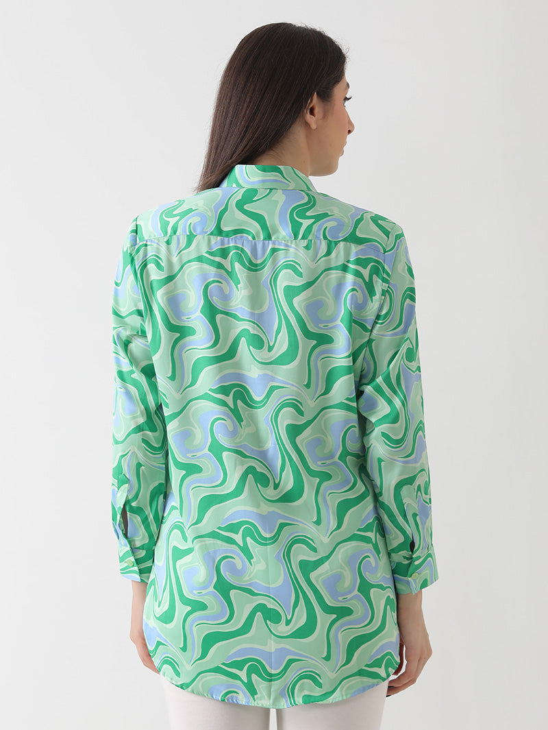 Aqua Swirl Print Crepe Shirt