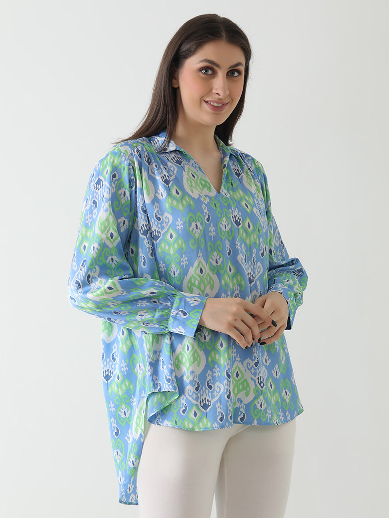 Blue Ikat Print Satin Shirt