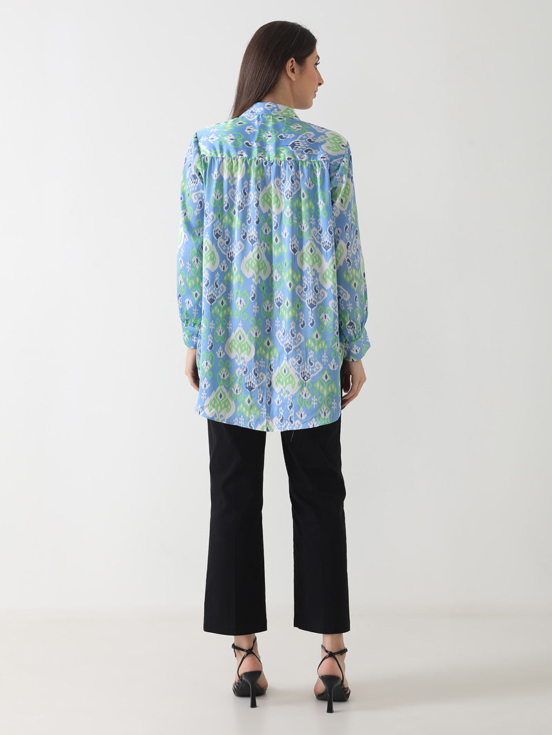 Blue Ikat Print Satin Shirt