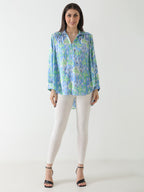 Blue Ikat Print Satin Shirt
