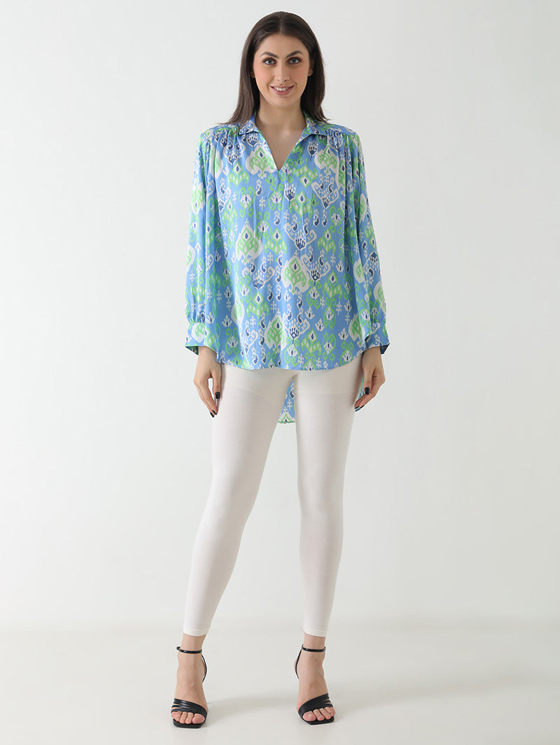 Blue Ikat Print Satin Shirt