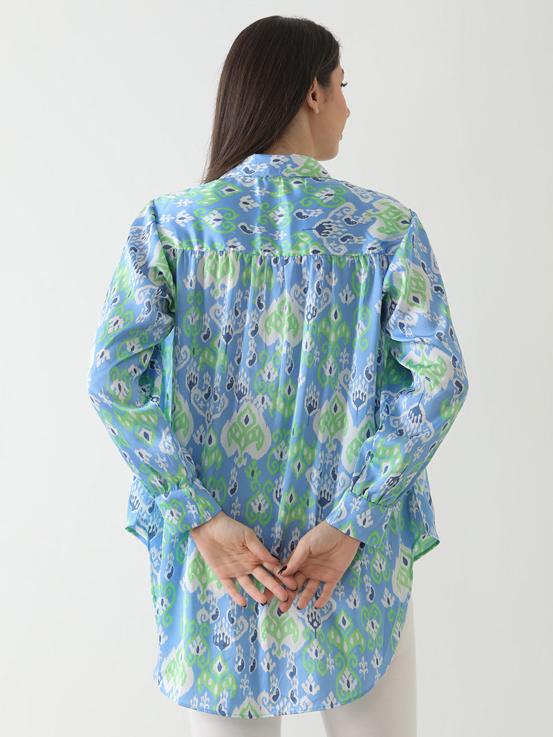 Blue Ikat Print Satin Shirt