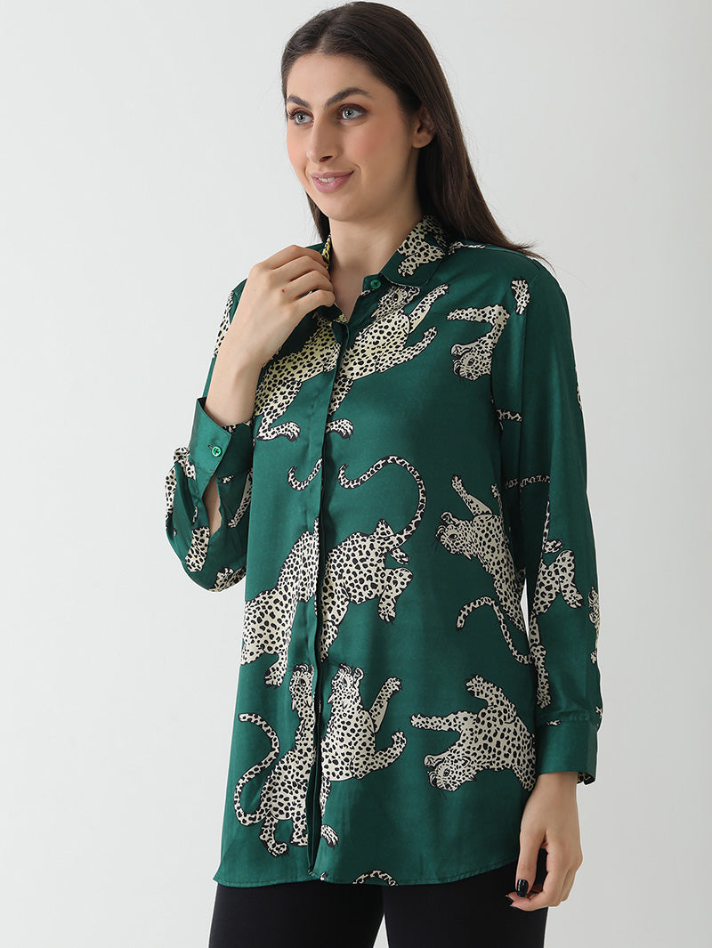 Emerald Leopard Print Satin Shirt
