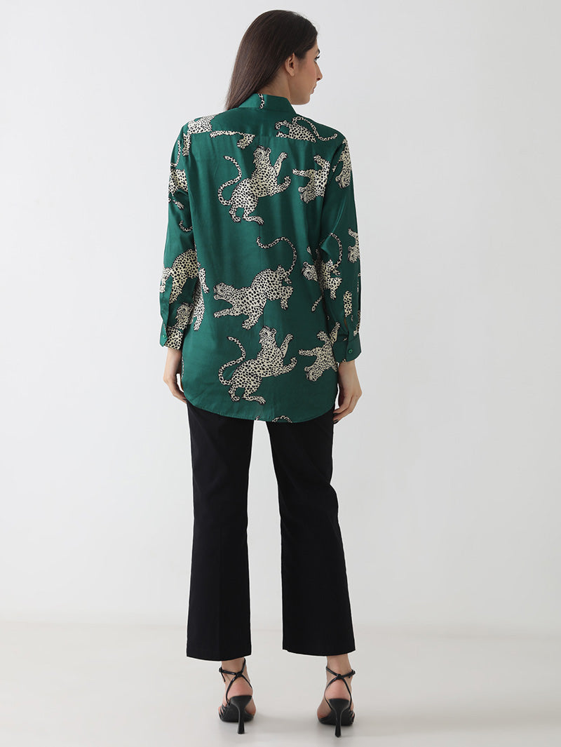 Emerald Leopard Print Satin Shirt