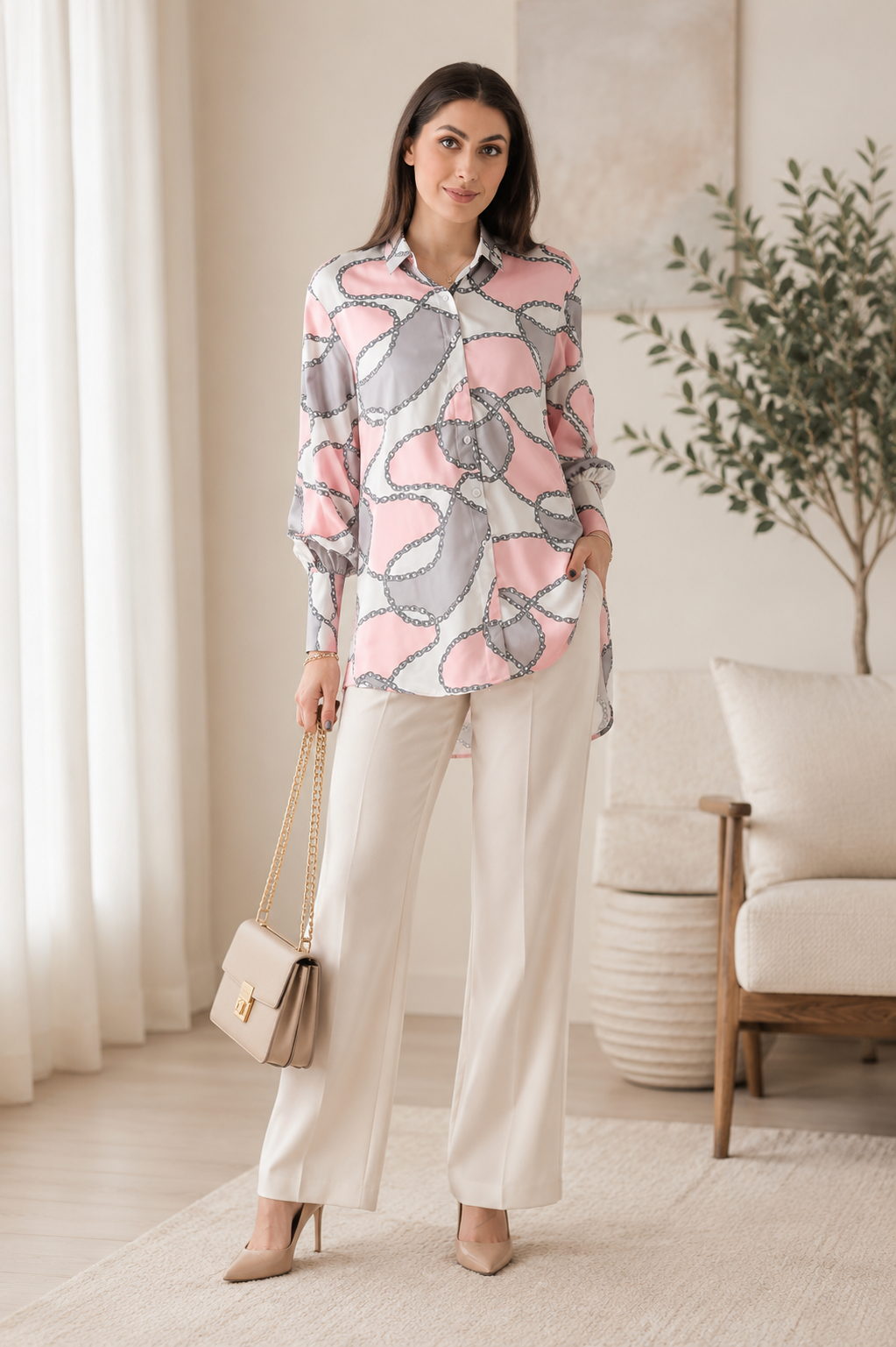Blush Chain Print Satin Shirt