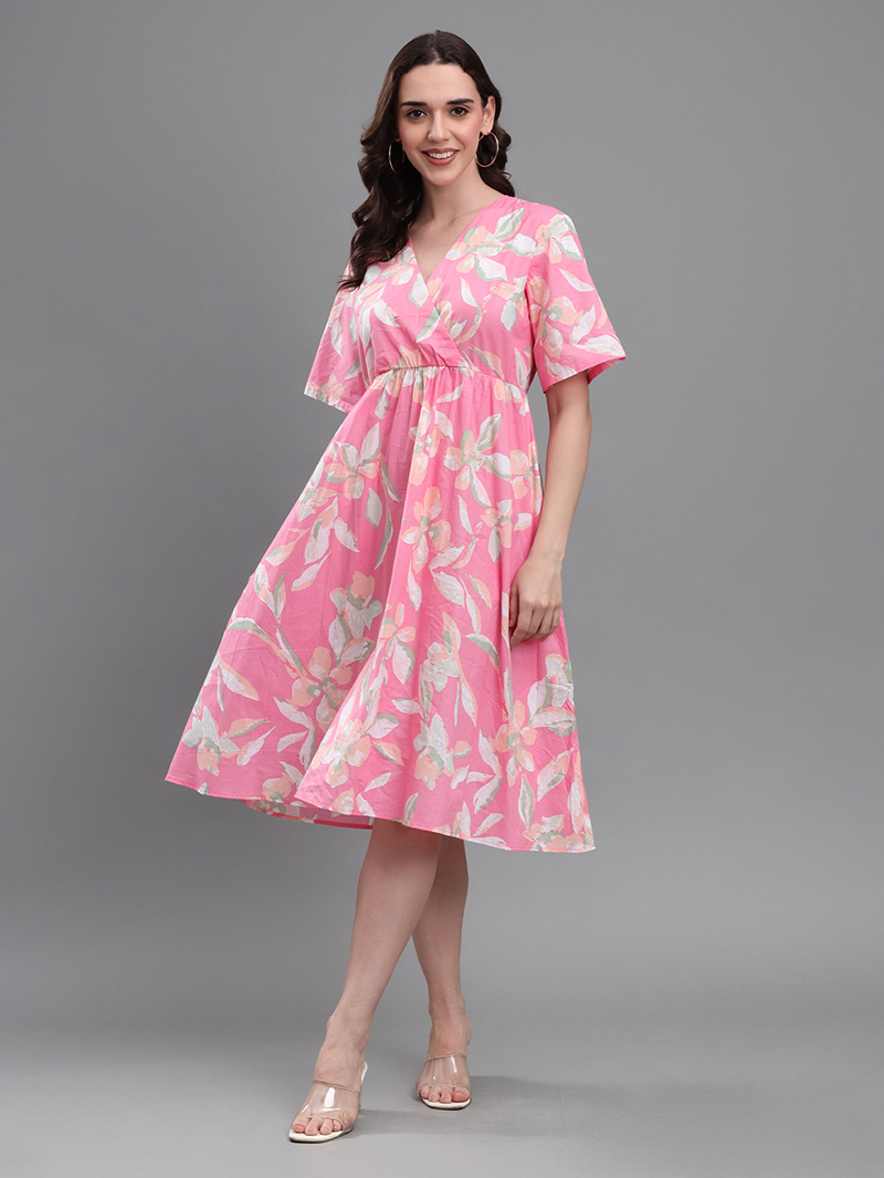 Pink Floral V-Neck Dress