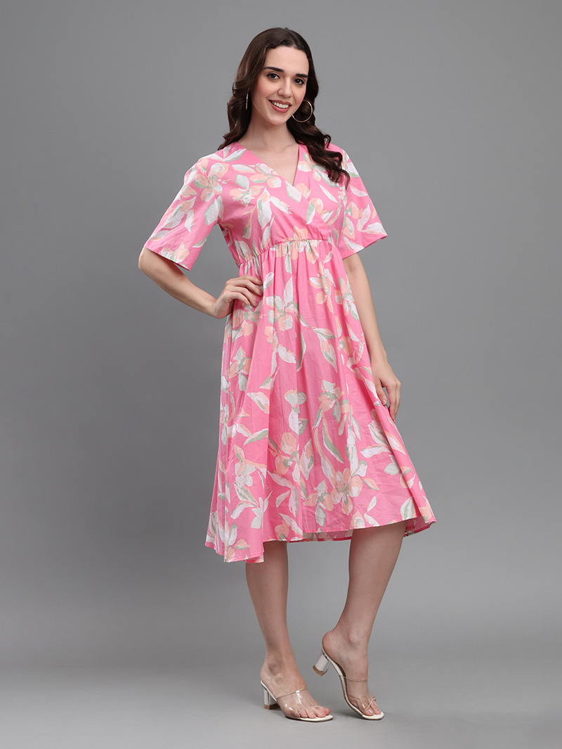Pink Floral V-Neck Dress - Image 5