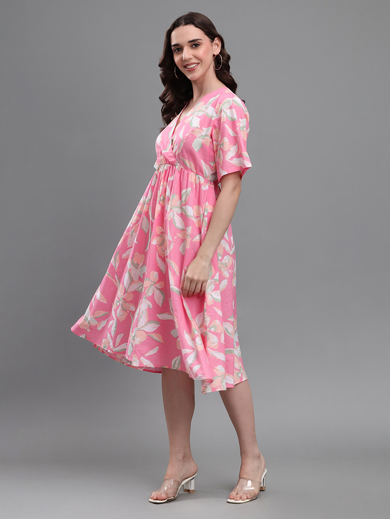 Pink Floral V-Neck Dress - Image 4