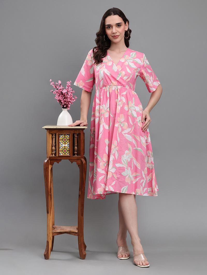 Pink Floral V-Neck Dress - Image 6