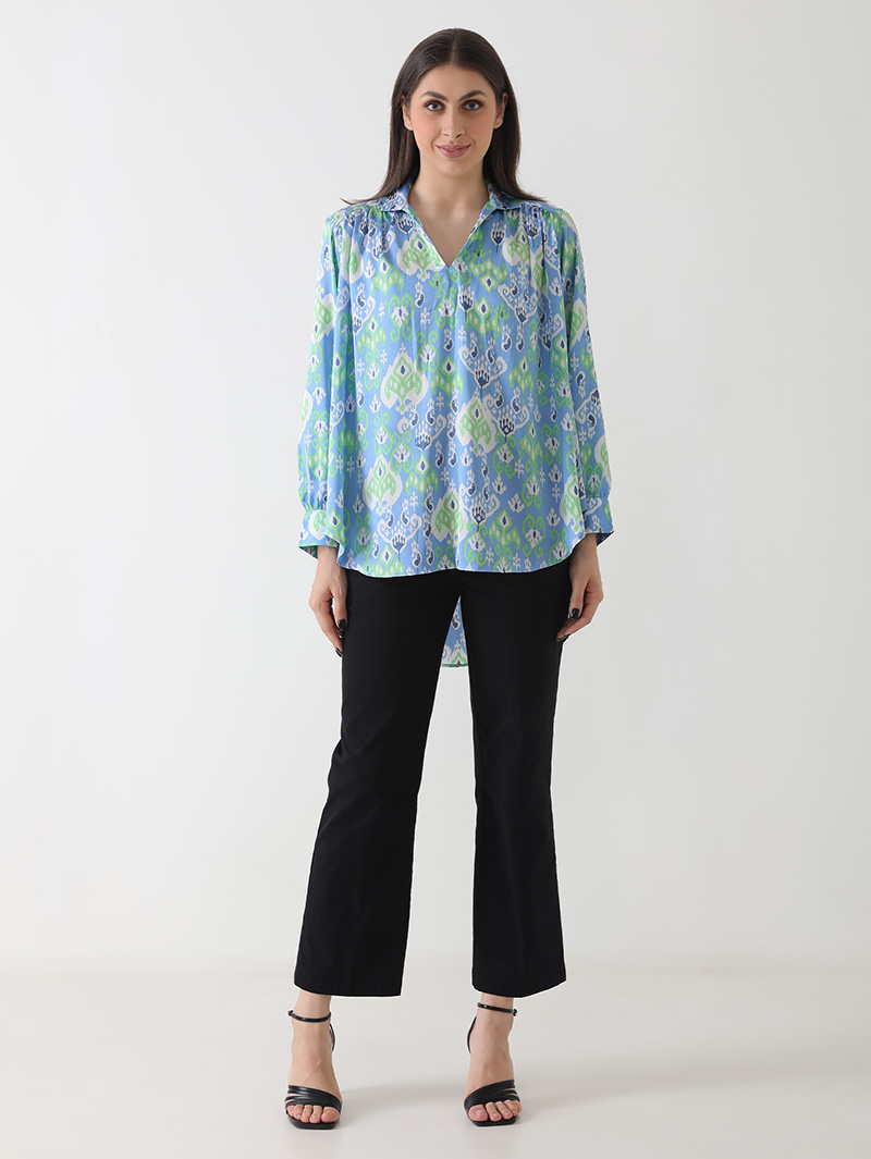 Blue Ikat Print Satin Shirt