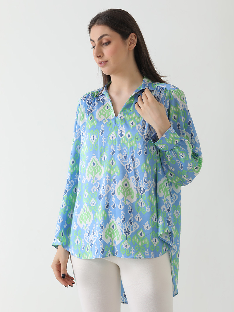 Blue Ikat Print Satin Shirt - Image 2