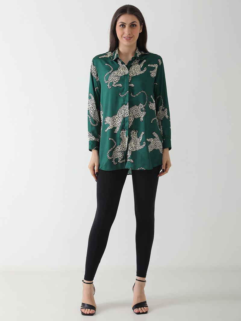 Emerald Leopard Print Satin Shirt