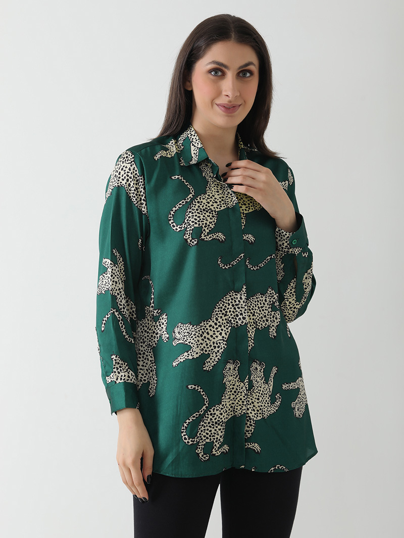 Emerald Leopard Print Satin Shirt - Image 4