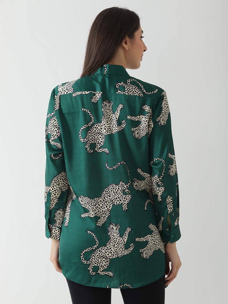 Emerald Leopard Print Satin Shirt - Image 2