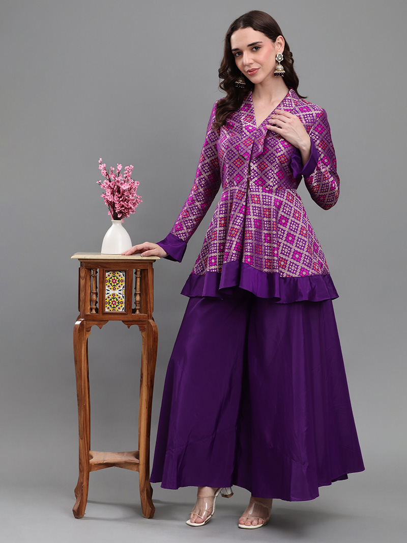 Purple Majesty Brocade & Taffeta Silk Ethnic Co-ord Set - Image 2