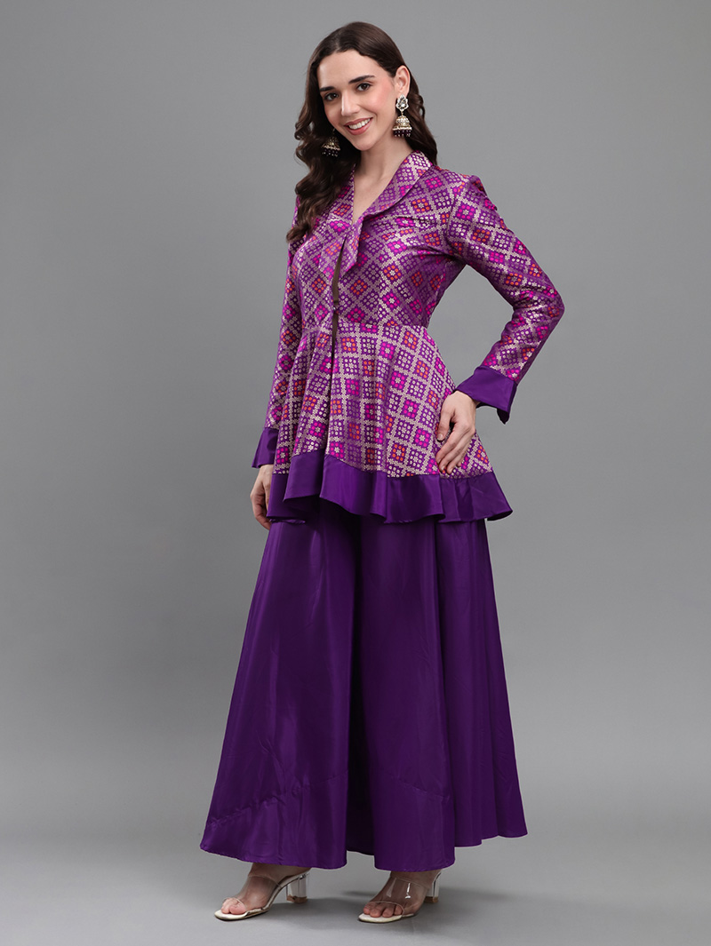 Purple Majesty Brocade & Taffeta Silk Ethnic Co-ord Set - Image 5