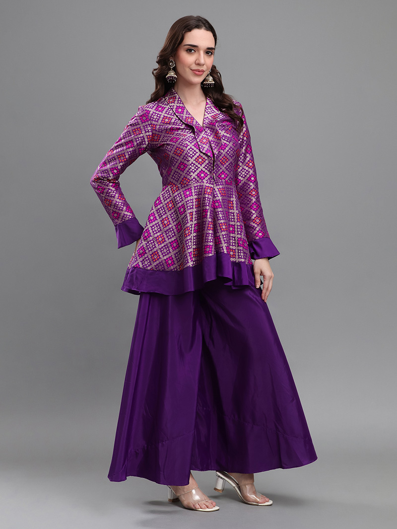 Purple Majesty Brocade & Taffeta Silk Ethnic Co-ord Set - Image 6